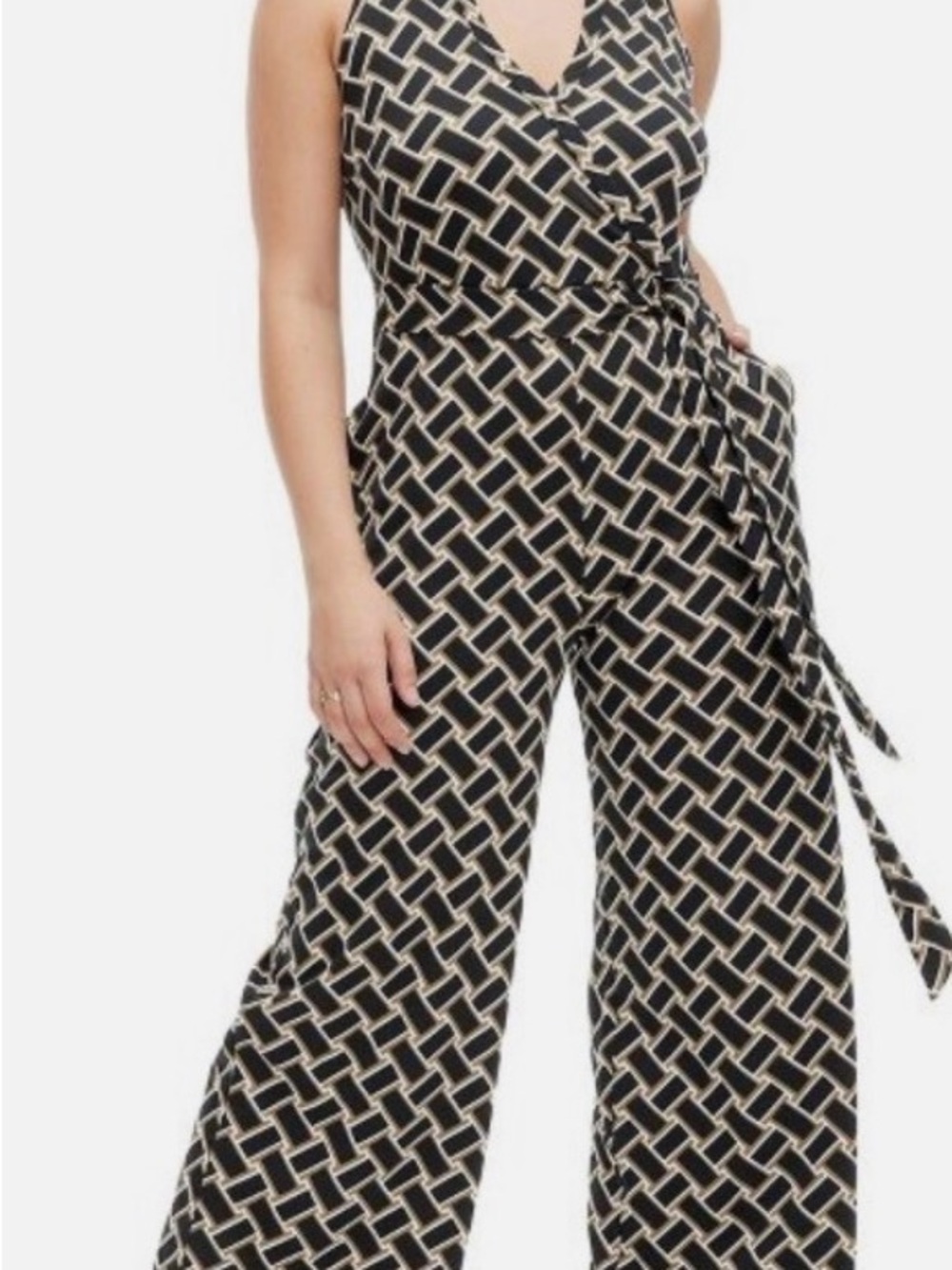 DVF Sleeveless Geometric Print Wrap Jumpsuit - Black & Cream